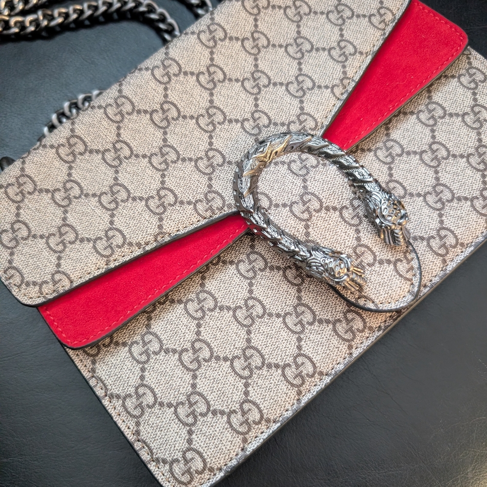 Gucci Beige and Red Crossbody Bag with Silver Chain